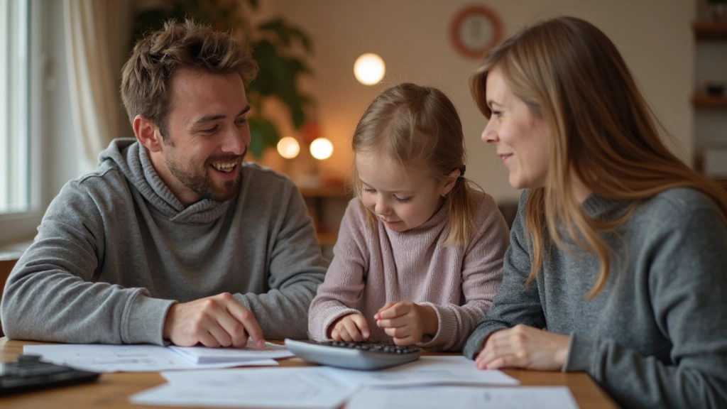 Семья обсуждает годовой финансовый план за столом с документами и калькулятором