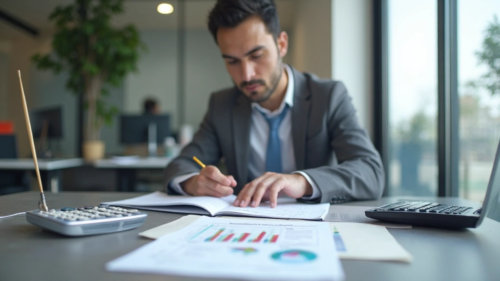 Профессиональное рабочее пространство с ноутбуком, документами и расчетами бюджета