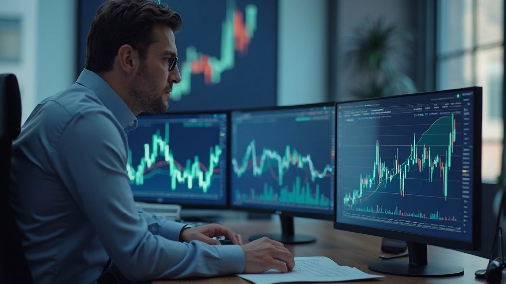 Аналитический дисплей с финансовыми графиками и диаграммами инвестиционного портфеля