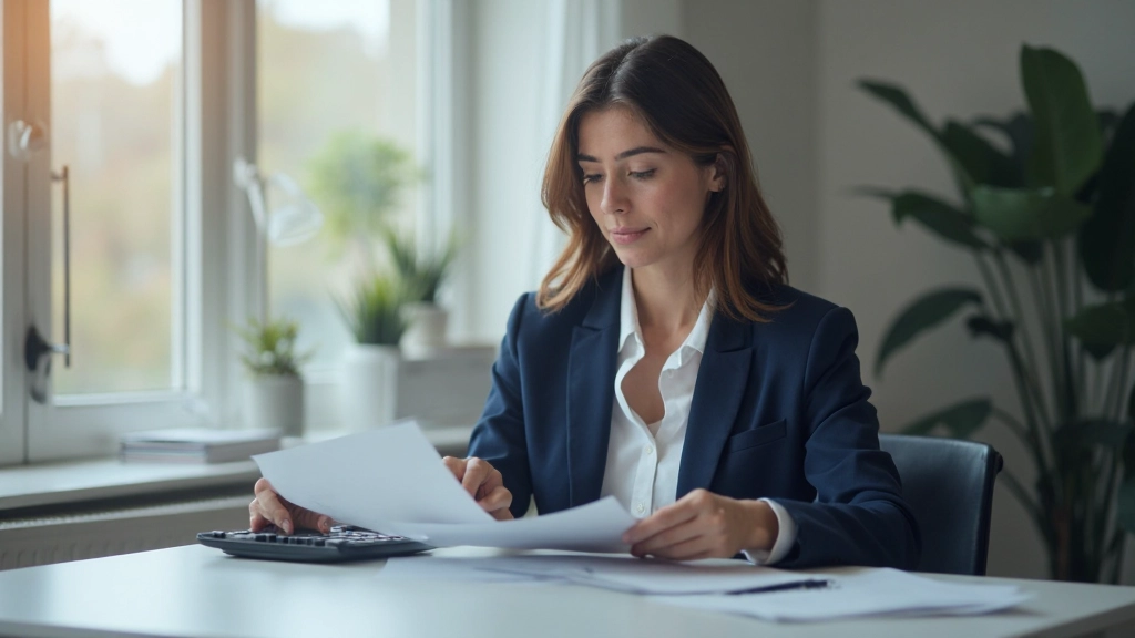 Профессиональный рабочий стол с финансовыми документами, калькулятором и графиками